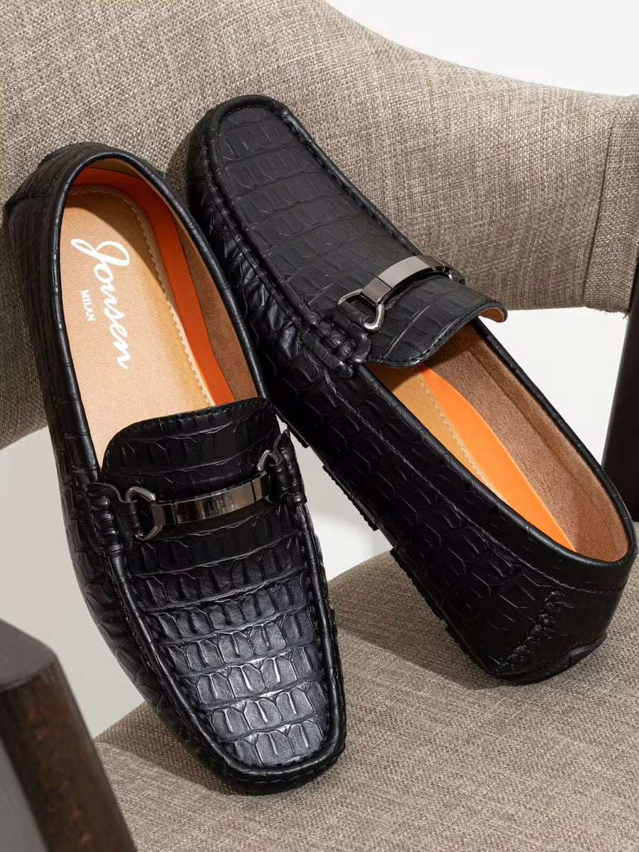 SHOESMALL Men's Metal Decor Driving Loafers Crocodile Printed Casual Slip On Shoes For Men