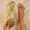 Women's Strappy Metal Design Flat Sandals,Summer Charming Gold Flip Flops Sandals